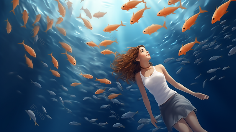 海底的女潜水员与鱼群插画,插画/手绘图,插画/手绘图库,插画/手绘图下载,插画/手绘